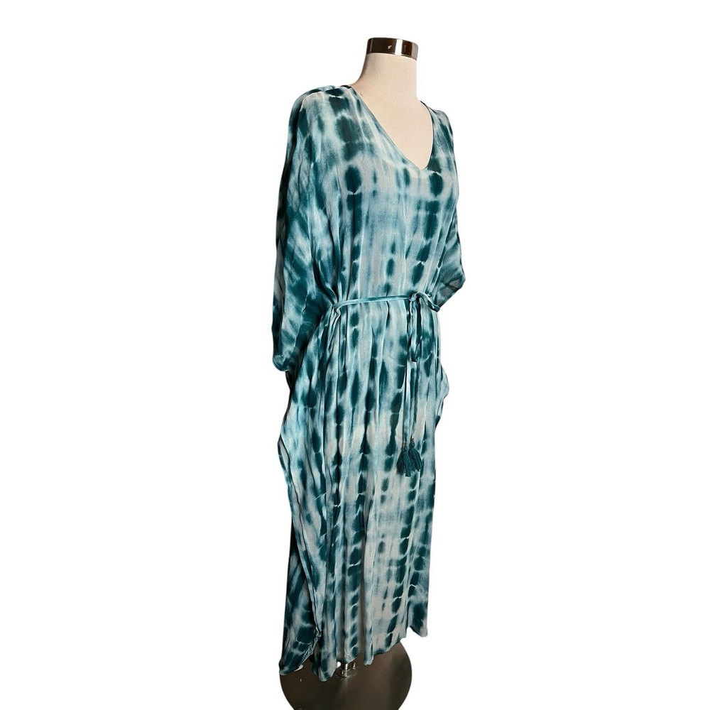 Soft Surroundings Caftan Maxi Dress Size S/M Blue Tie Dye Waist Tie